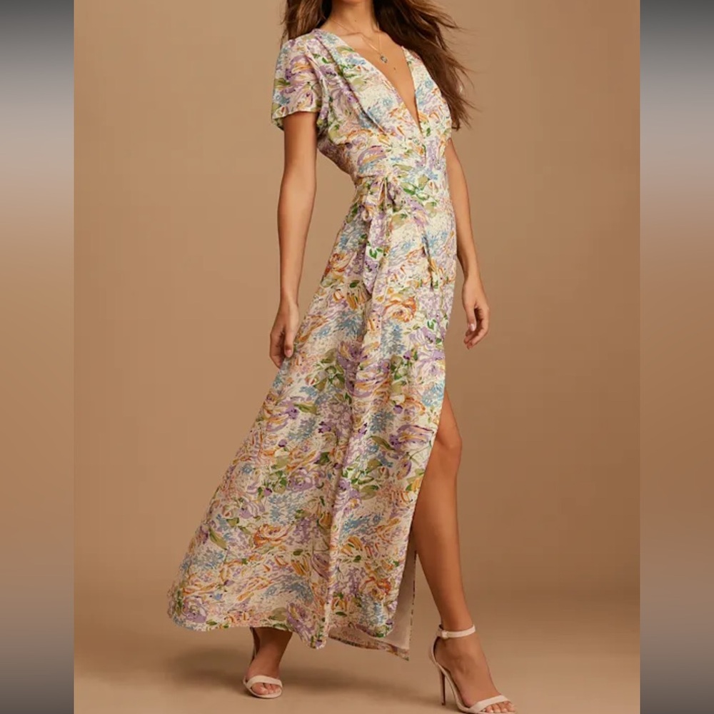 Lulu's Feels Magical Ivory Floral Print Short Sleeve Wrap Maxi Dress Sold Out S - Picture 2 of 14